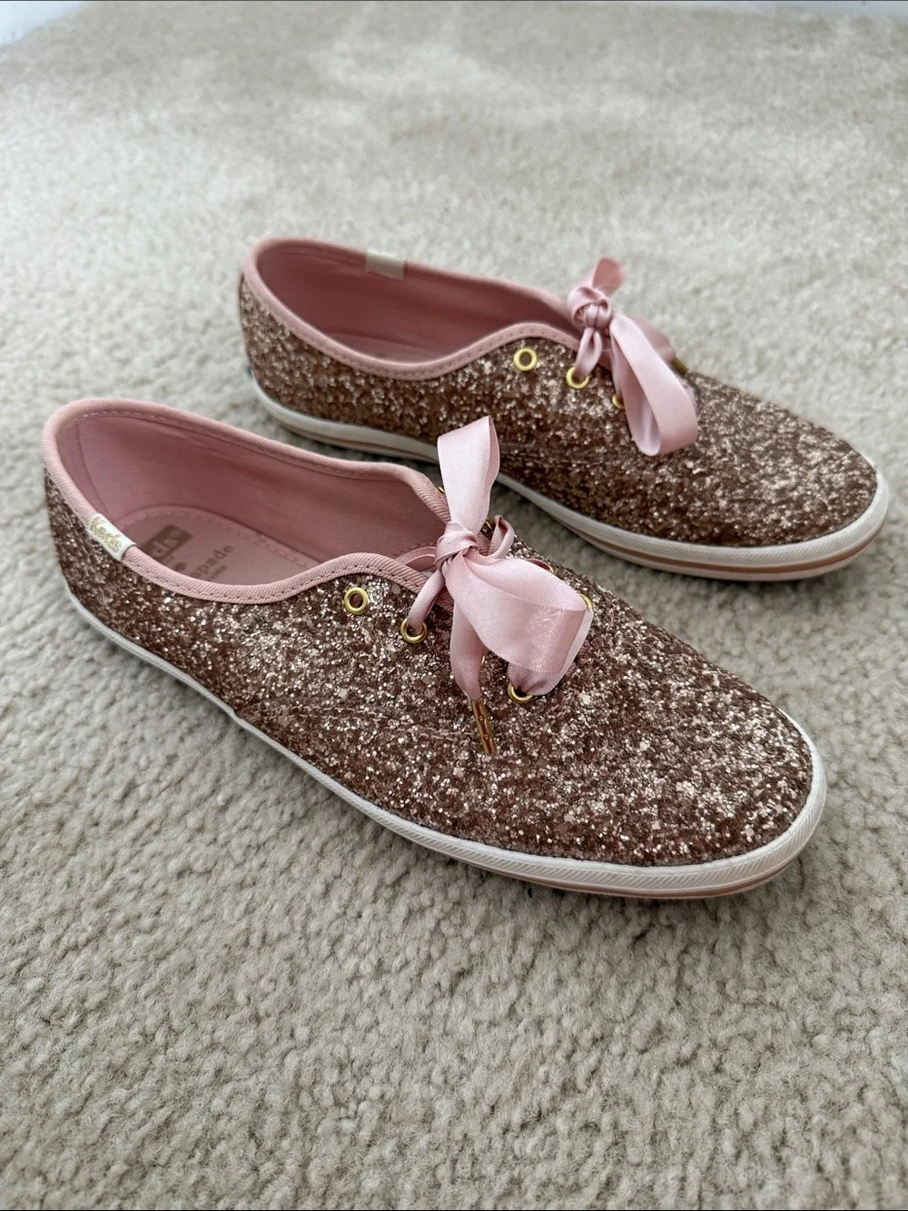 Glitter Satin Lace-Up Women's Sneaker - Rose Gold Pink - Picture 3 of 8